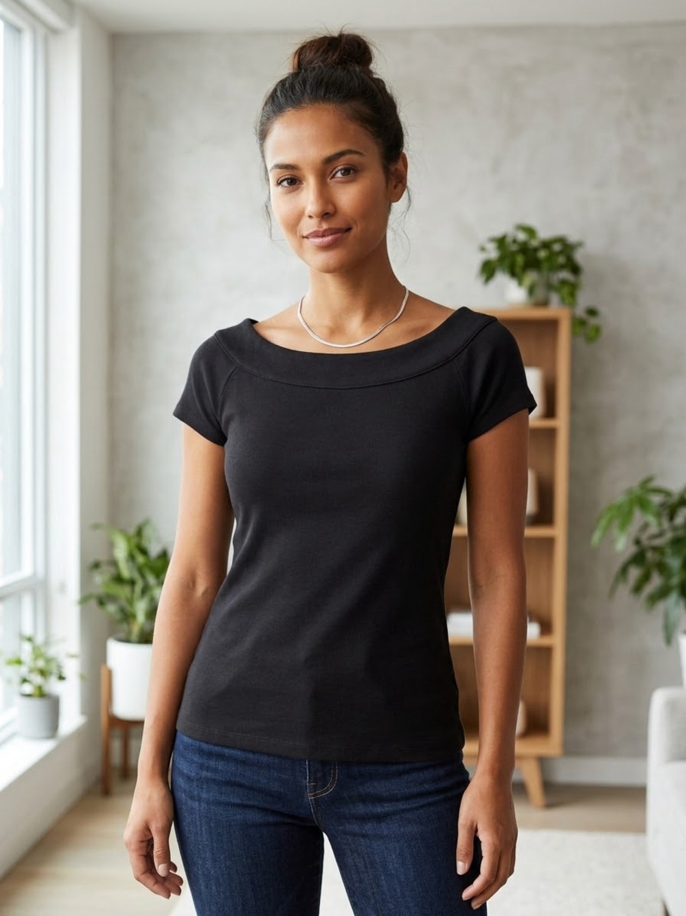 Rafaella Size Medium Black Short Cap Sleeves Rounded Neckline Top Tee